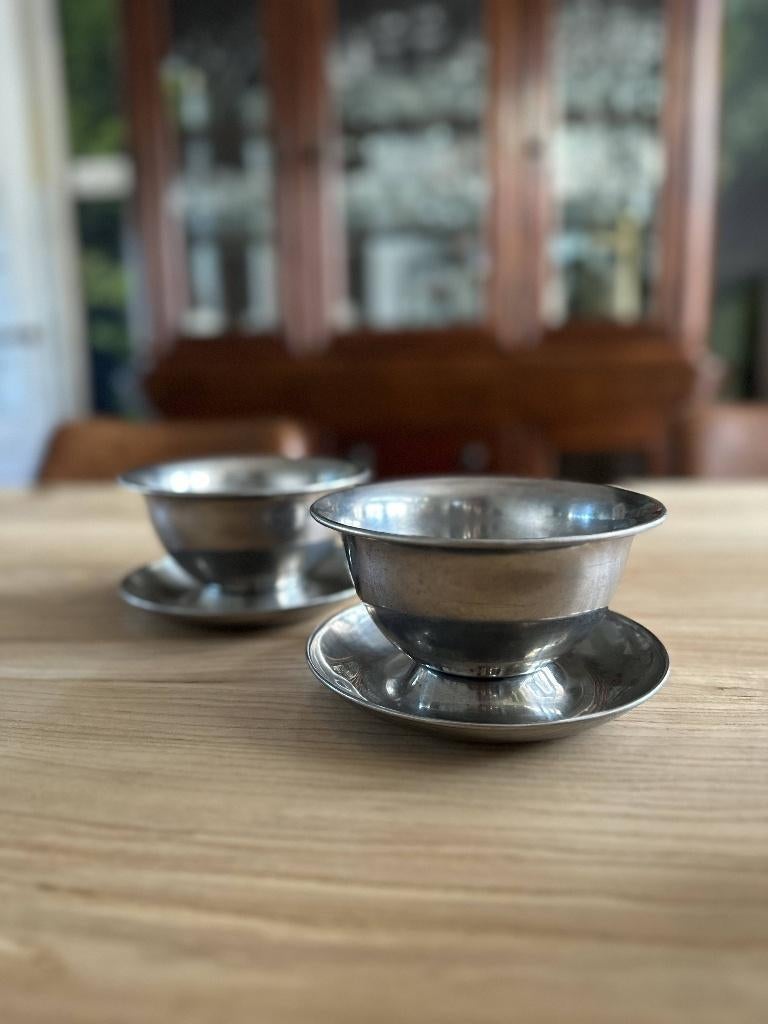 Vintage verzilverde ijscoupes (RVS look) - set van 2, Overige materialen, Gebruikt, Overige typen, Ophalen of Verzenden