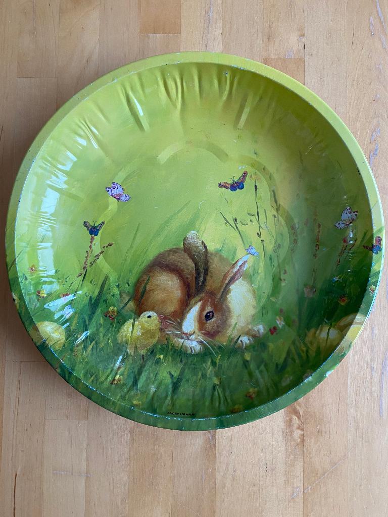 Vintage Pasen metalen bord konijn en kuiken zgan, Diversen, Pasen, Zo goed als nieuw, Ophalen of Verzenden