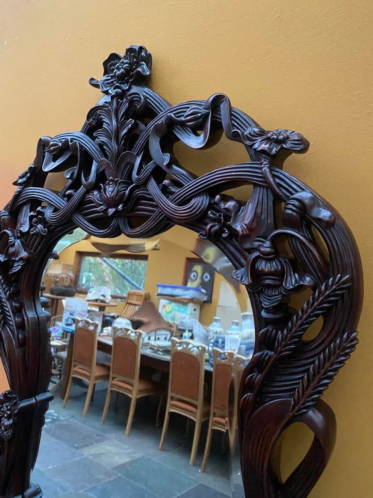 art nouveau spiegel in mahonie, Antiek en Kunst, Antiek | Spiegels, Ophalen of Verzenden, Overige vormen, 50 tot 100 cm, Minder dan 100 cm