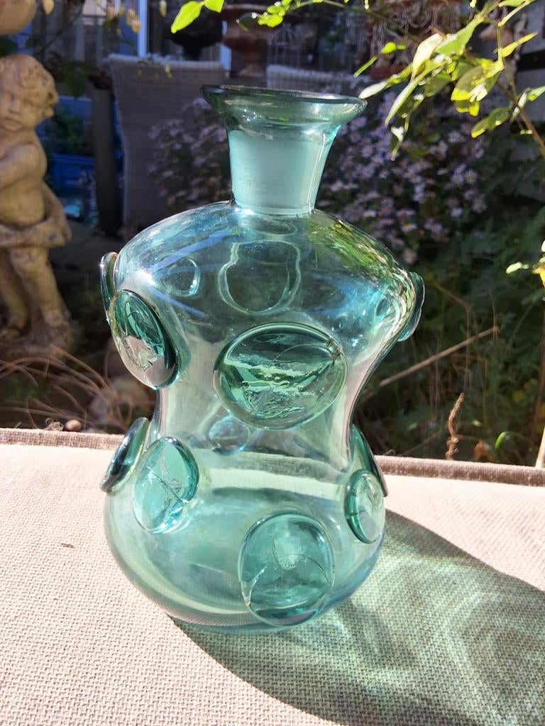 Antiek Groen Glazen fles met Noppen - Decoratief bodemvonds, Ophalen of Verzenden