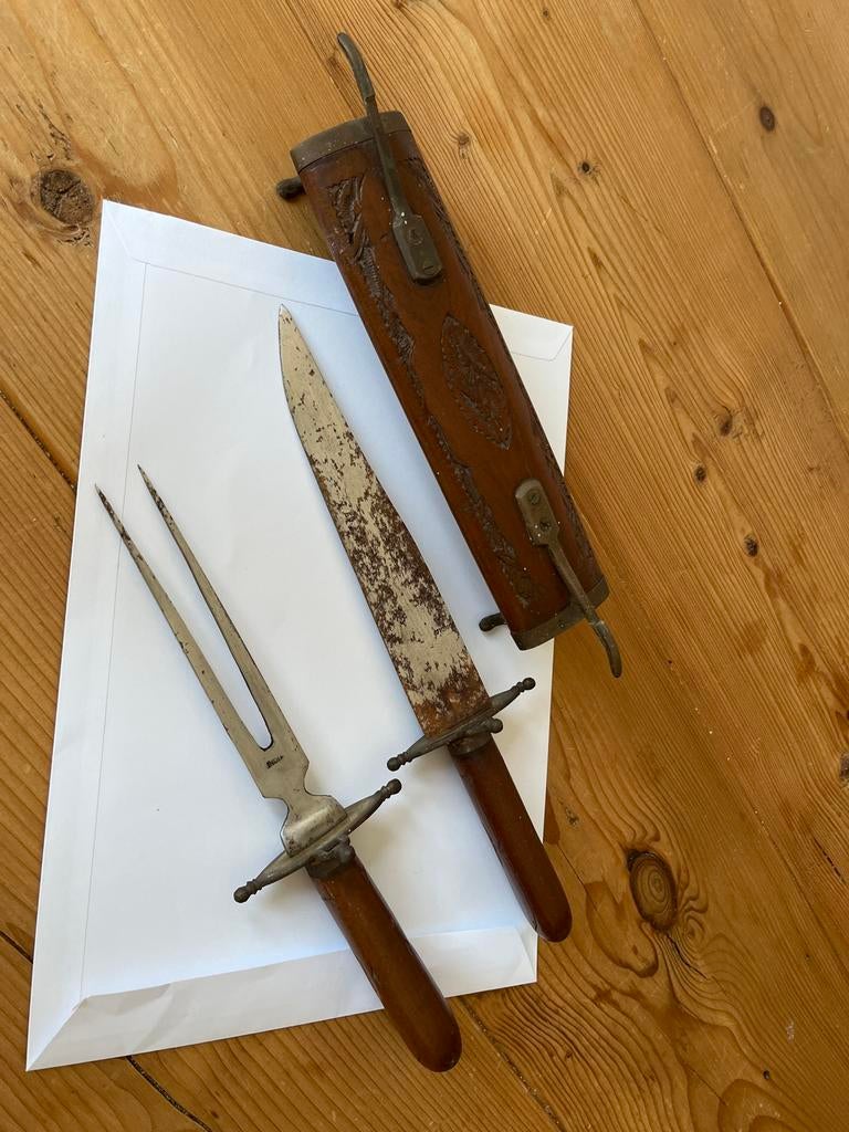 Antiek vleesmes en vork met houten handvatten, Antiek en Kunst, Ophalen of Verzenden