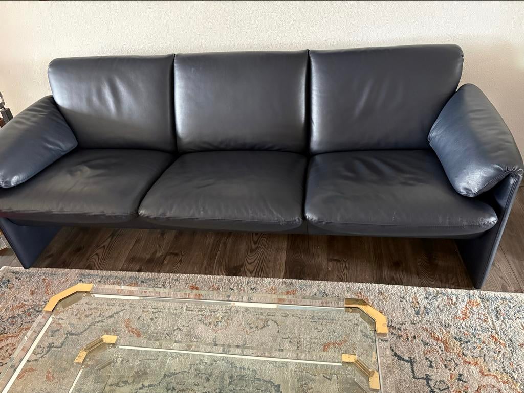 LeoLux Bora Bora Blauw Leren 3-zits Bank - Uitstekende Staat, Huis en Inrichting, Driepersoons, Ophalen of Verzenden, Zo goed als nieuw