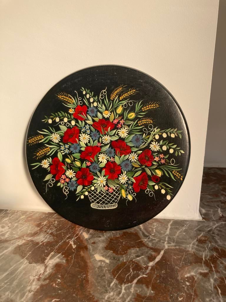 Giethoorn Schilderwerk: Rond Houten Paneel met Bloemen, Antiek en Kunst, Ophalen of Verzenden