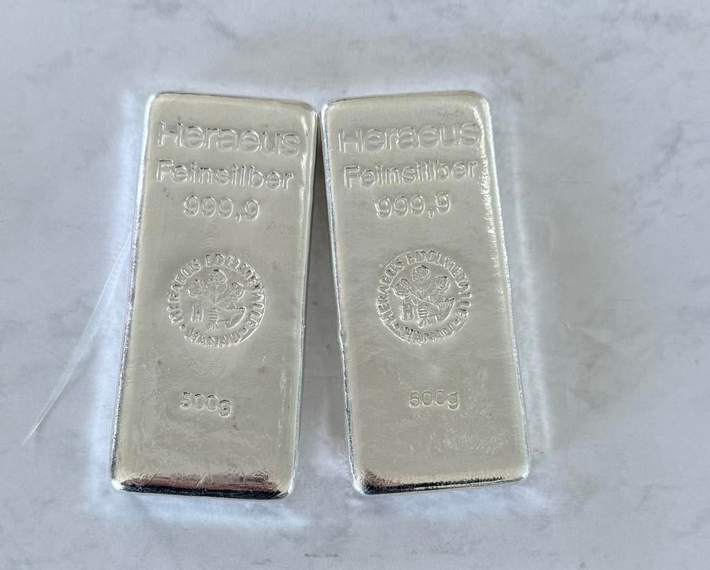 1 kilo (2x500) zilver Hereaus / Swiss 999 zilver, Postzegels en Munten, Edelmetalen en Baren, Ophalen of Verzenden, Zilver