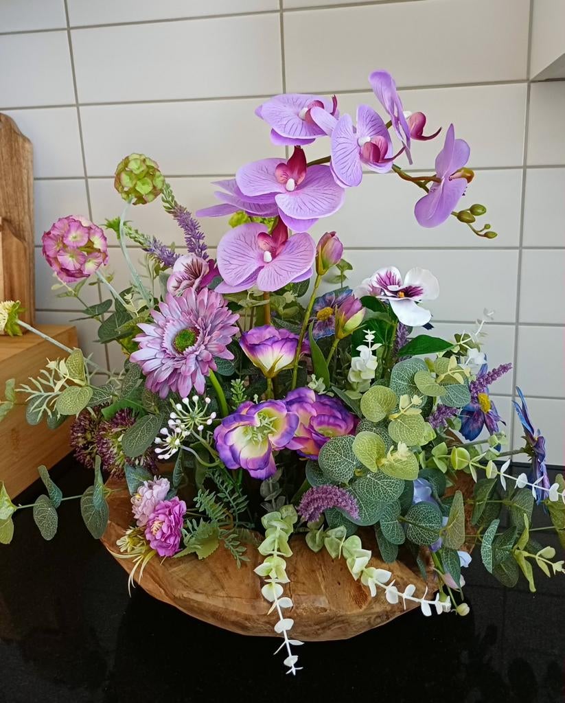 Zijden bloemstuk in houten schaal, Ophalen of Verzenden, Nieuw