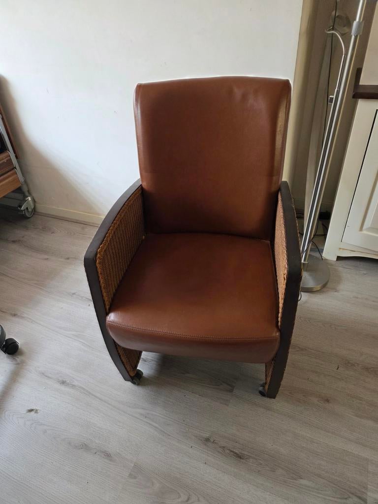 Leren fauteuil met rotan details 6 stoelen, Gebruikt, Vintage, Klassiek, Ophalen of Verzenden, Vijf, Zes of meer stoelen