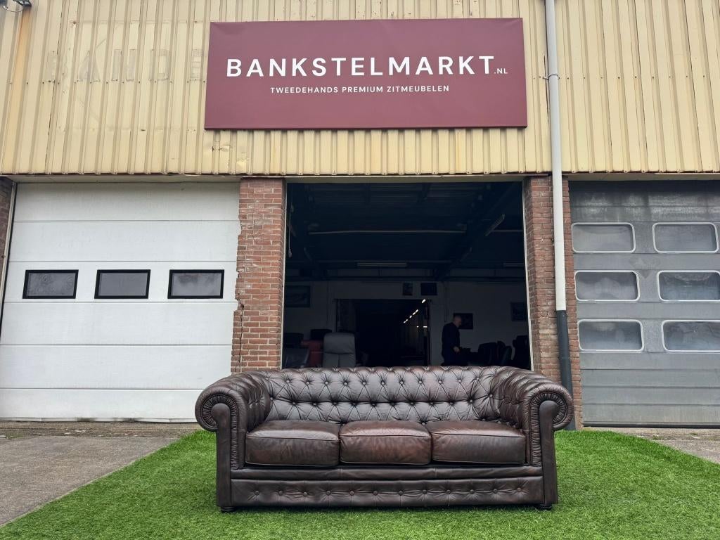Bankstel CHESTERFIELD 3zit bank bruin leer+Gratis bezorging!, Huis en Inrichting, Banken | Bankstellen, Ophalen, Geen, Design