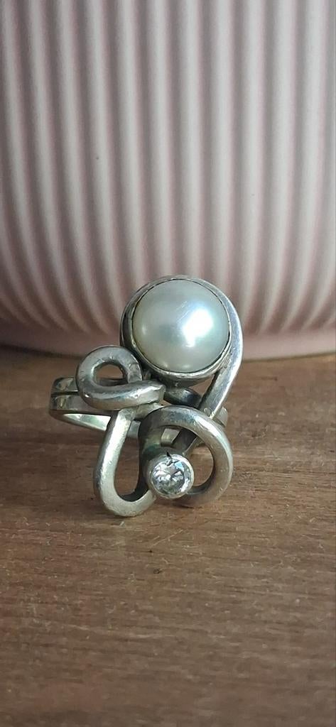 Rabinovich zilveren ring maat 17 met parel en zirkonia, Sieraden, Tassen en Uiterlijk, Met edelsteen, Ophalen of Verzenden, Zo goed als nieuw