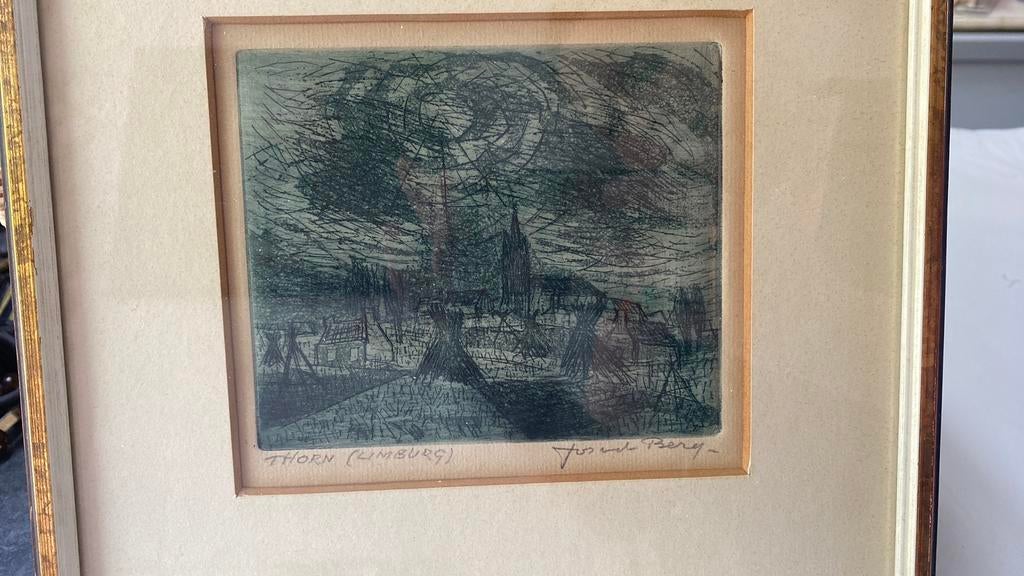 Originele handgesigneerde ets Jos van den Berg, Thorn, Ophalen, Ingelijst, Ets, Stadsgezicht