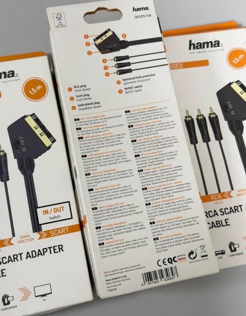 Hama Videokabel Scartkabel- 3 Cinch-stekkers (video) 1,5M, Scartkabel, Nieuw, Ophalen of Verzenden, H
