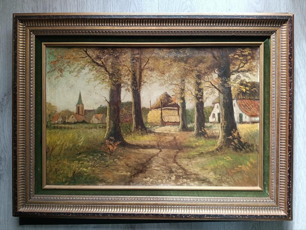 A Blom - Landschap met boerderijen en kerktoren - 1940, Ophalen of Verzenden