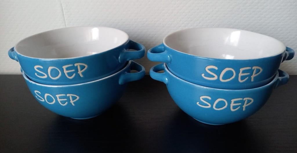 4 soepkommen "soep" blauw met witte letters, Ophalen of Verzenden, Zo goed als nieuw, Kom(men), Overige stijlen