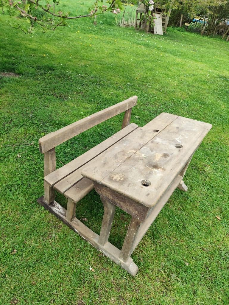 Vintage schoolbankje met beschadigde dwarsbalk, Antiek en Kunst, Ophalen