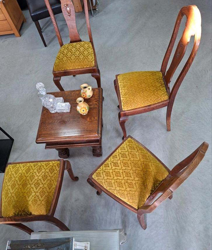 4 eetkamerstoelen | vintage | goudgele velours zitting, Antiek en Kunst, Antiek | Meubels | Stoelen en Banken, Ophalen