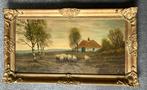Schilderij op linnen goudkleurige lijst boerderij en schapen, Antiek en Kunst, Kunst | Schilderijen | Klassiek, Ophalen