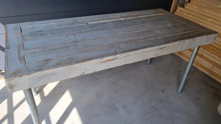 Steigerhouten bureau whitewash met steigerpijpen 175x80x80cm, Huis en Inrichting, Bureaus, Gebruikt, Bureau, Ophalen