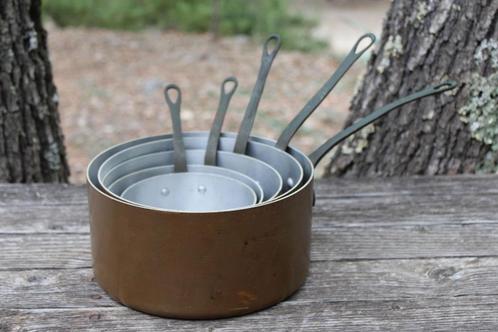 Brocante - Set oude koperen pannen!, Huis en Inrichting, Keuken | Potten en Pannen, Gebruikt, Pannenset, Ophalen of Verzenden