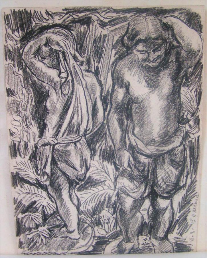 Hubert bekman "Adam en Eva" potlood tekening uit 1945, Antiek en Kunst, Kunst | Tekeningen en Foto's, Ophalen of Verzenden