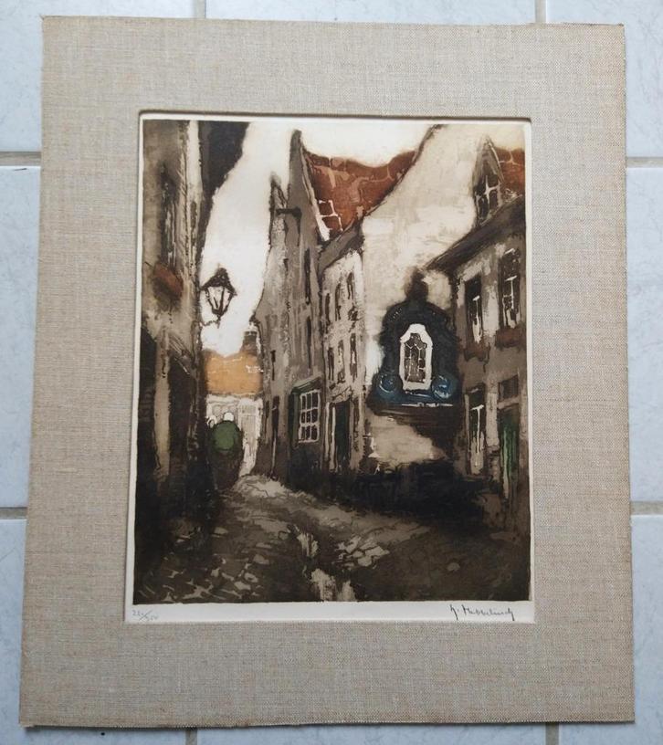 Ets in kleur van Roger Hebbelinck , stadsgezicht straatje, Antiek en Kunst, Kunst | Etsen en Gravures, Ophalen of Verzenden