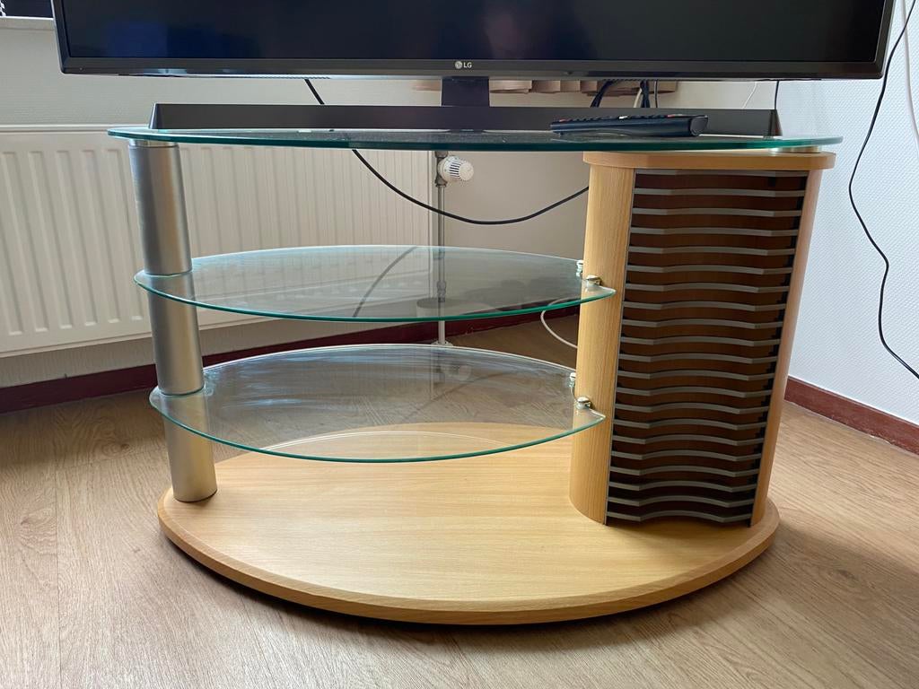 Te koop TV meubel iit glas en hout, Ophalen, Glas, 50 tot 100 cm, Zo goed als nieuw