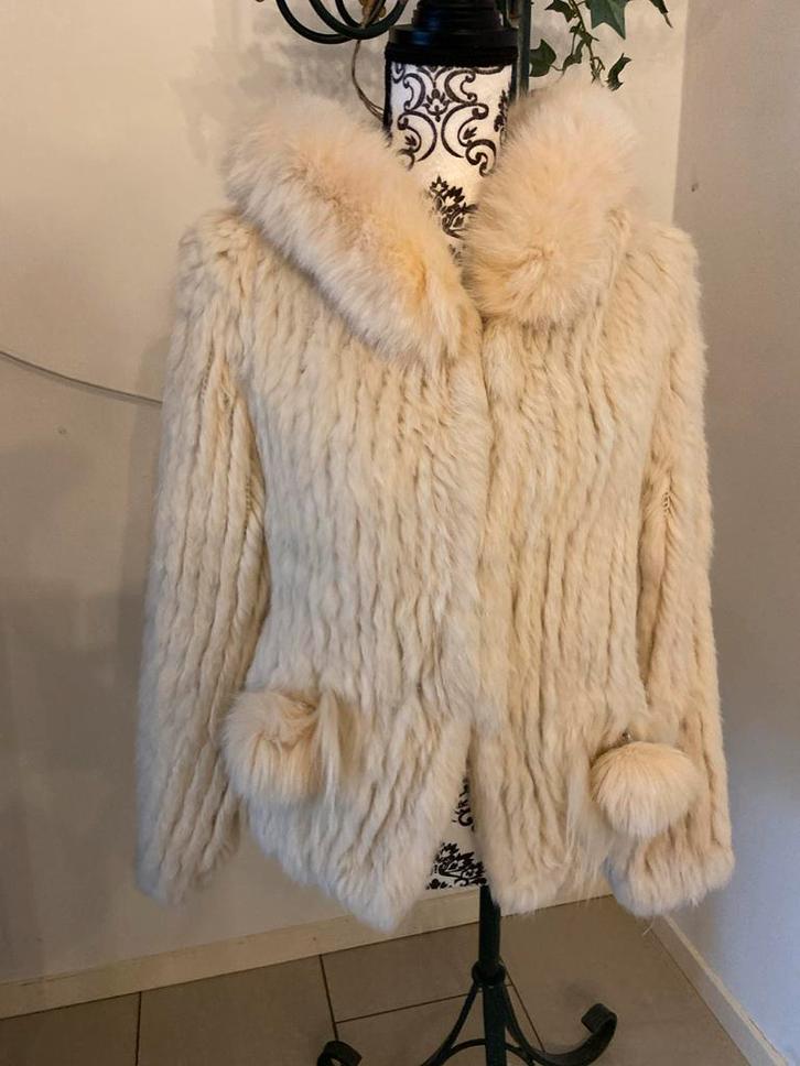 Witte bontjas met kraag L/XL, Kleding | Dames, Jassen | Winter, Zo goed als nieuw, Maat 38/40 (M), Beige, Ophalen of Verzenden