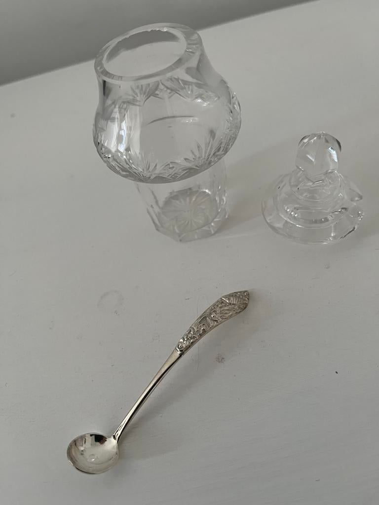 Hollands kristal potje met zilver lepeltje., Antiek en Kunst, Ophalen of Verzenden
