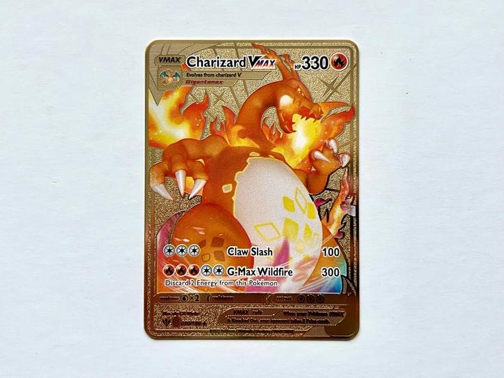 Metalen Charizard Vmax Goud Fan Art NIEUW, Hobby en Vrije tijd, Verzamelkaartspellen | Pokémon, Nieuw, Losse kaart, Foil, Ophalen of Verzenden