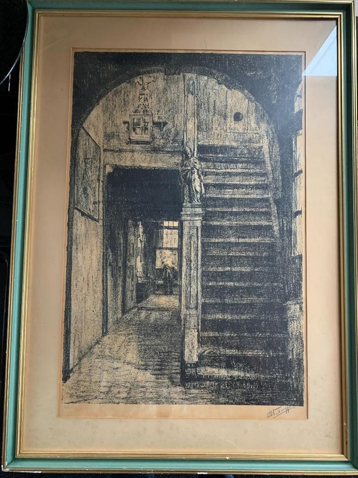 Traphuis van Brouwershuis te Antwerpen - grote ets - gesign., Antiek en Kunst, Kunst | Etsen en Gravures, Ophalen
