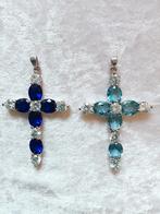 2 Mooie Grote Zilveren Kruisjes met Bergkristal en Blauw, Sieraden, Tassen en Uiterlijk, Antieke sieraden, Verzenden, Zilver, Hanger
