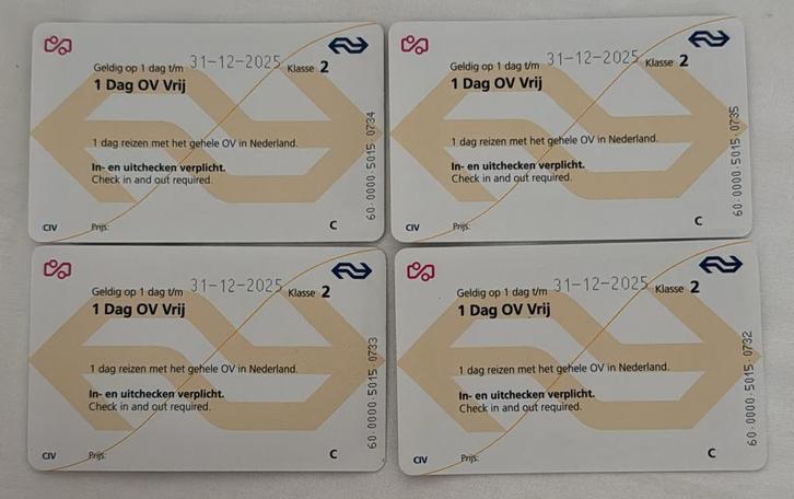4x OV-kaart onbeperkt reizen NL, incl. spitsuren – €40 /st, Tickets en Kaartjes, Trein, Bus en Vliegtuig, Drie personen of meer