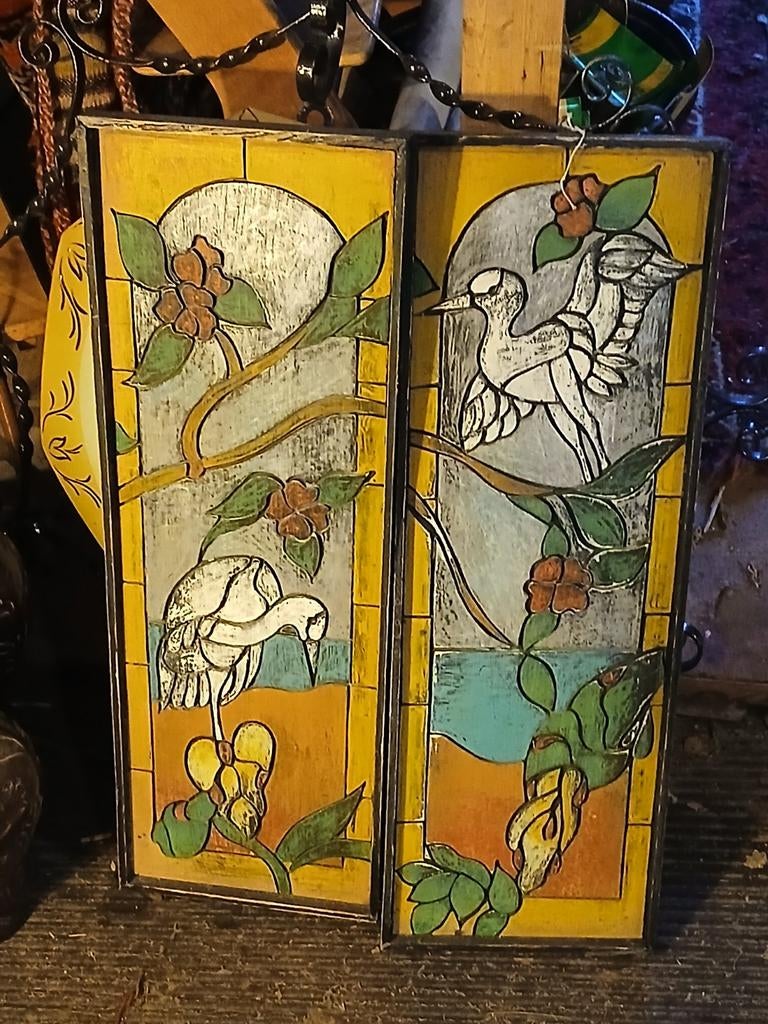 Houtsnijwerk Kraanvogels Glas in Lood Look, Ophalen of Verzenden