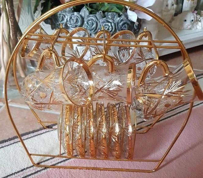 Kristallen theeservies met gouden accenten, Antiek en Kunst, Antiek | Glas en Kristal, Ophalen of Verzenden