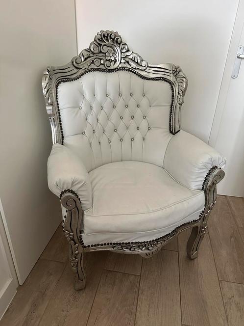 Barok fauteuil wit leer, zilver kleurig houtwerk, Huis en Inrichting, Fauteuils, Gebruikt, Leer, Ophalen
