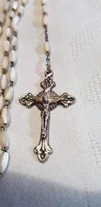 Antiek parelmoer rozenkrans met zilver kruisje in leer etui, Verzenden, Zo goed als nieuw