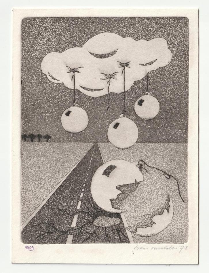 Grafiek kerstballen wolk weg door Han Mulder ? 73, Antiek en Kunst, Kunst | Etsen en Gravures, Verzenden