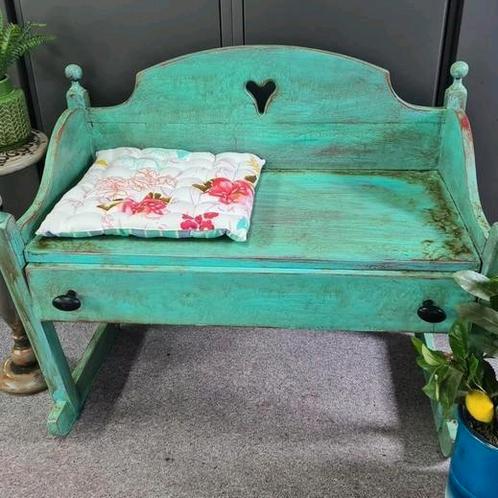 Ibiza bankje met lade klepbankje turquoise bohemian, Tuin en Terras, Tuinbanken, Zo goed als nieuw, Hout, Ophalen