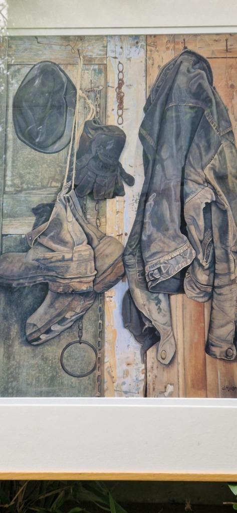 Jopie Huisman-Werkkleding in schuur (Kleurengiclee) brocante, Antiek en Kunst, Kunst | Schilderijen | Klassiek, Ophalen of Verzenden