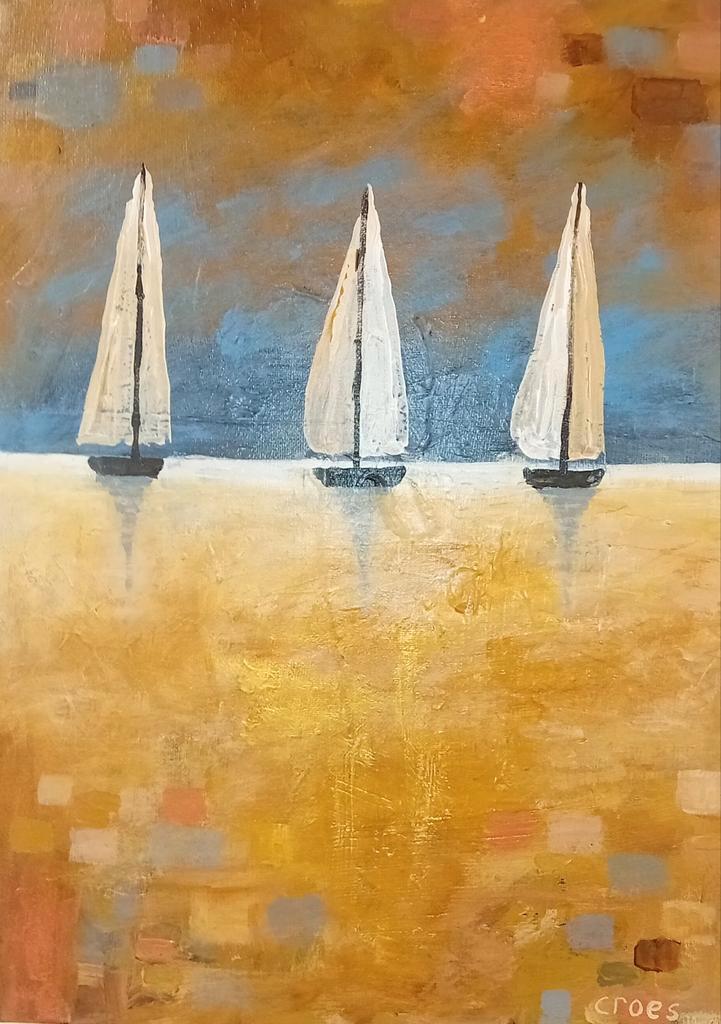 Schilderij: Zeilboten in rustig vaarwater, Antiek en Kunst, Kunst | Schilderijen | Klassiek, Ophalen of Verzenden