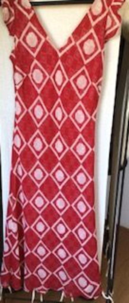 rode jurk, mt 40, dubbelzijdig, lang, dunne stof, Kleding | Dames, Jurken, Gedragen, Maat 38/40 (M), Rood, Onder de knie, Ophalen of Verzenden