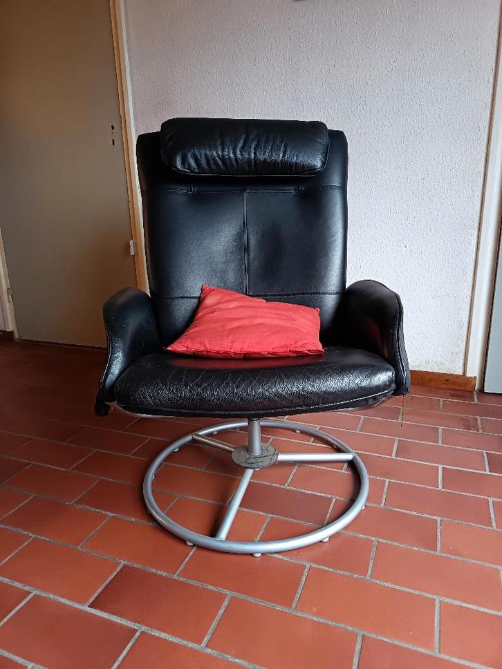 Vintage Malung relaxfauteil draaibaar zwart, Huis en Inrichting, Fauteuils, Gebruikt, Leer, Minder dan 50 cm, Minder dan 75 cm