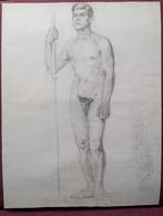 Academisch naakt | Man met stok | Tekening, Antiek en Kunst, Ophalen of Verzenden