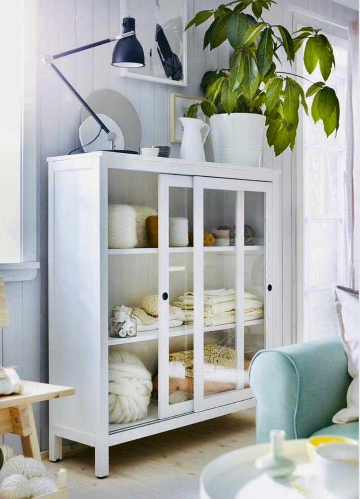 Vitrinekast boekenkast 2x wit hout glazen deuren IKEA Hemnes, Huis en Inrichting, Kasten | Boekenkasten, Zo goed als nieuw, 50 tot 100 cm