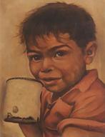 JONGEN DRINKT UIT GROTE MOK>OUD PORTRET KIND>STIJL BRANDSMA, Antiek en Kunst, Kunst | Schilderijen | Klassiek, Ophalen of Verzenden