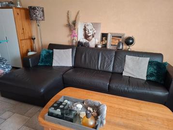 Bruine leren 3-zits bank met lounge element - netjes beschikbaar voor biedingen