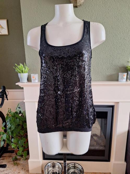 Nana Nucci zwarte pailletten top 2 M 38 | Gratis Verzenden !, Kleding | Dames, Tops, Gedragen, Maat 38/40 (M), Zwart, Zonder mouw