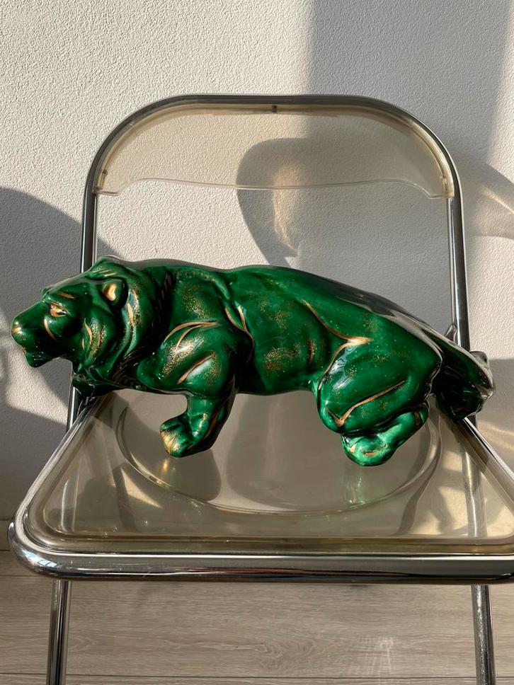 Antiek Groen Keramiek Beeld Leeuw in Faïence - Jaren 1950, Antiek en Kunst, Kunst | Designobjecten, Ophalen of Verzenden
