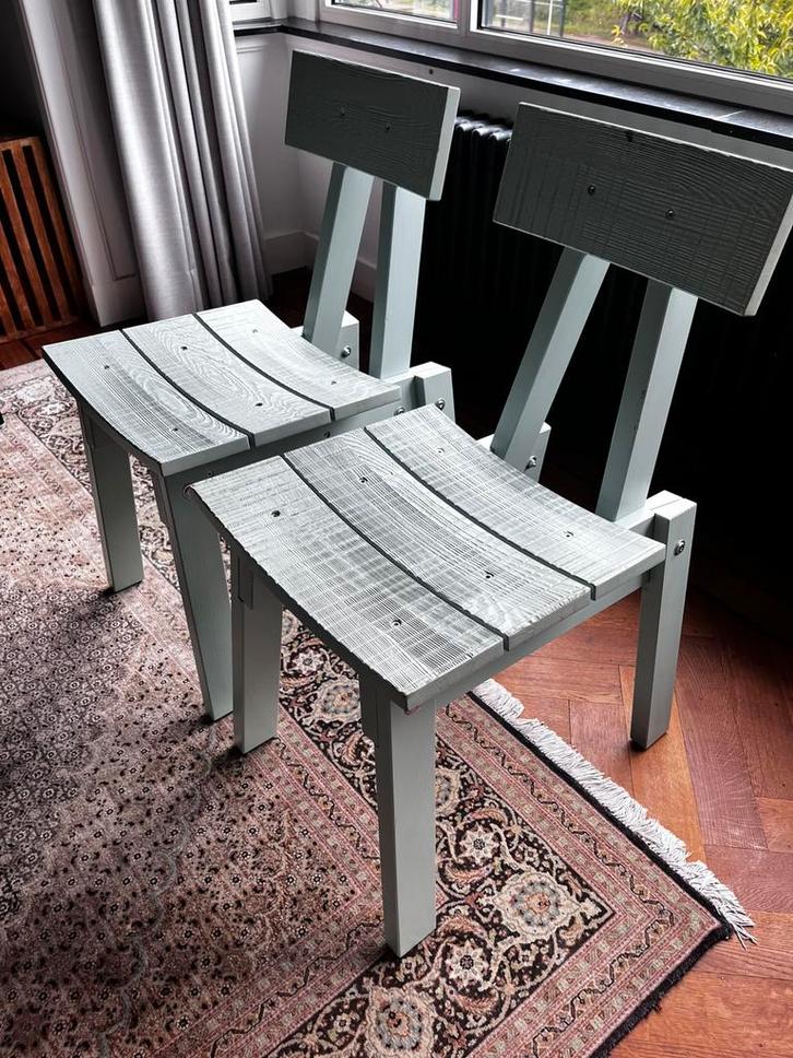 Piet Hein Eek stoel IKEA Industriell lichtblauw 2x, Huis en Inrichting, Stoelen, Gebruikt, Twee, Hout, Blauw, Ophalen