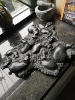 Soapstone plat beeld/ wanddeco met nijlpaarden uit Zimbabwe, Ophalen of Verzenden, Zo goed als nieuw