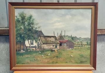 Antieke schilderij - Een boerenhoeve met kippen beschikbaar voor biedingen