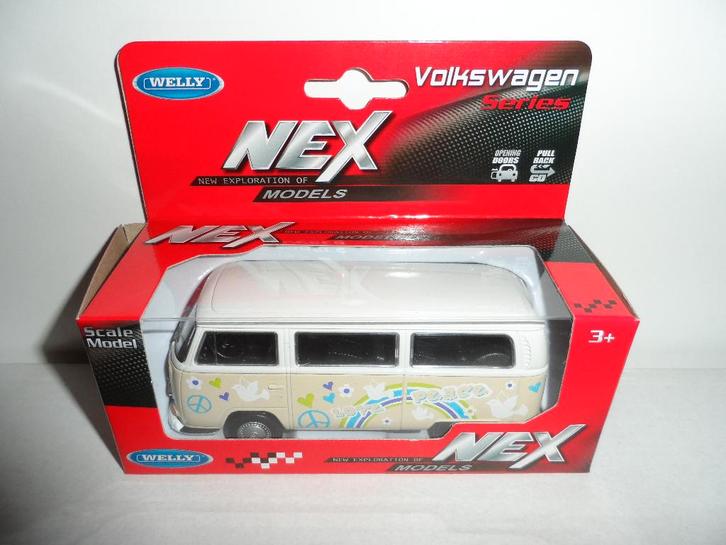 Welly - 1972 Volkswagen T2 Bus "Love & Peace" (wit) 1:36, Hobby en Vrije tijd, Modelauto's | Overige schalen, Nieuw, Auto, Ophalen of Verzenden